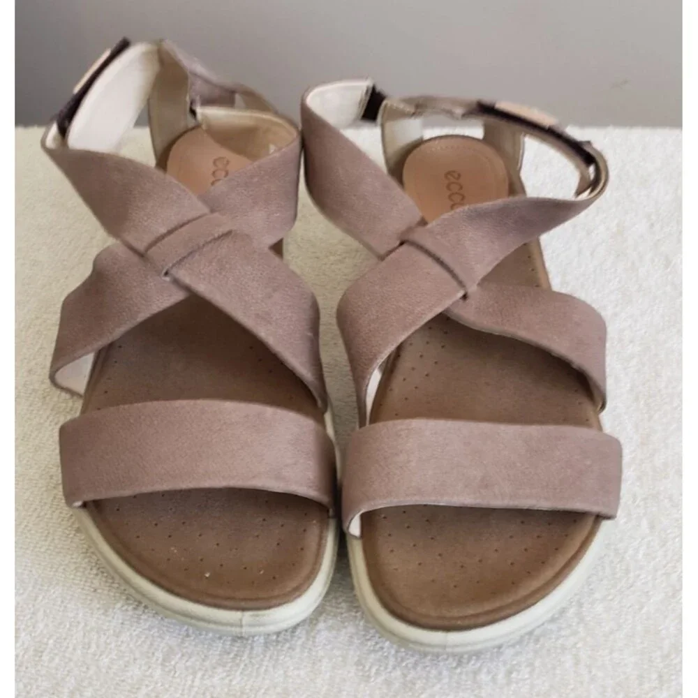 ECCO Sandals Womens Sz 8.5 Damara Casual Cross Strap Slip On Flats Brown Leather